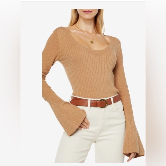 Paige Mimi Ribbed Sweater Bell sleeve Bodysuit in dark camel NWOT - Picture 1 of 11